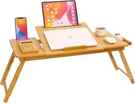Laptop Desk For Bed, Coiwai Bamboo Lap Desk With Tablet Slot Adjustable Height