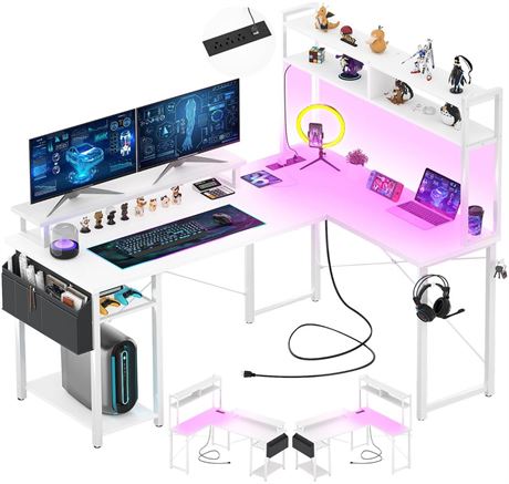 Aheaplus Small L Shaped Desk with Charging Port & LED Strip, Reversible