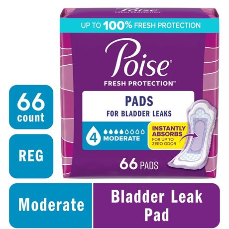 Poise Incontinence Pads for Women, 4 Drop Moderate Absorbency, Regular Length,