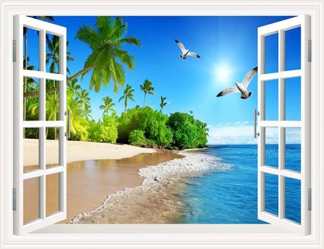 3D Self-Adhesive Painting Fake Window Wall Stickers Tropical Island with Palm