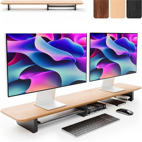 KIVY Dual Monitor Riser with Integrated Metal Shelf - Wooden desk shelf for top