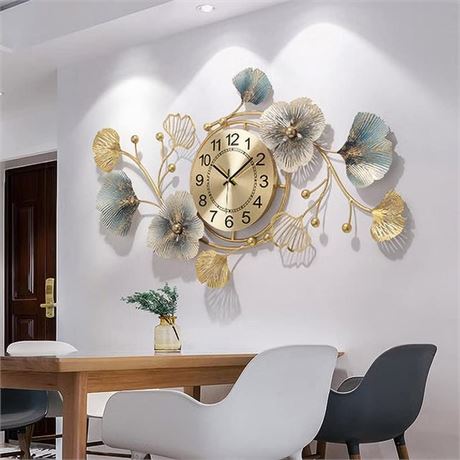 Large Wall Clock 33 Inch Creative Metal Ginkgo Leaf Design Wall Clock Silent