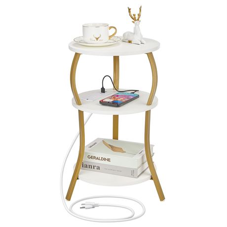Small Round Side Table with Charging Station, 3-Tier Waist Circular End Table
