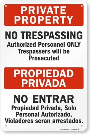 SmartSign "Private Property - No Trespassing" Bilingual Sign | 12" x 18"