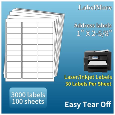 1" X 2-5/8" Address Labels 30 Per Sheet Sticker Paper for Laser and Inkjet