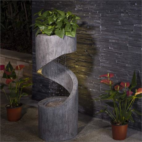 Glitzhome Decorative Tiered Outdoor Water Fountain with LED Light, Curved