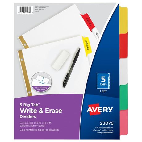 Avery Big Tab Write & Erase Dividers, 5 Multicolor Tabs, 1 Set (23076) 5 tab 1