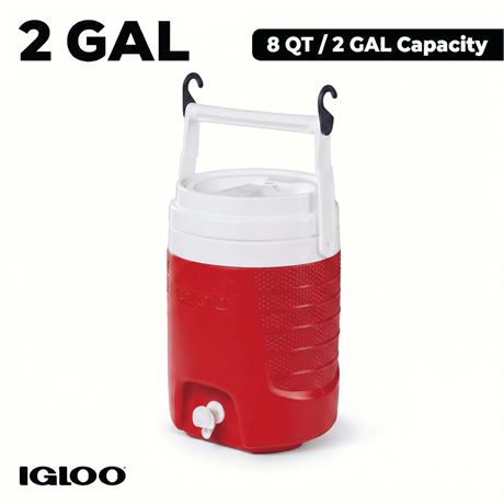 Igloo 2 Gallon Sports Plastic Beverage Jug with Hooks, Red