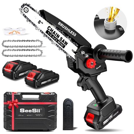 Seesii Mini Chainsaw 8 inch, Electric Chainsaw Cordless, Upgraded Brushless