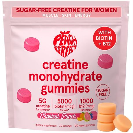 Peach Perfect Creatine Monohydrate Gummies for Women & Men, Boost Focus,