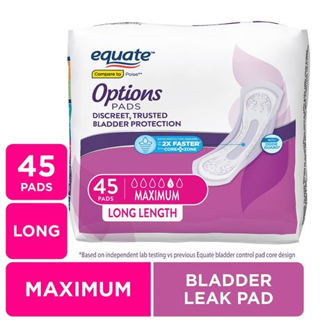 Equate Options Women's Incontinence Pads, Maximum Absorbency, Long Length, 45