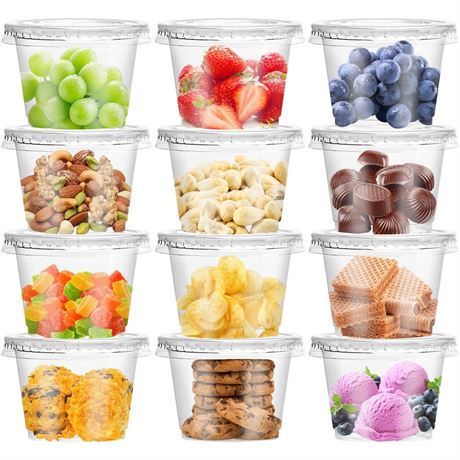 Qinsihwn 100 Pcs 8 OZ Disposable Plastic Cups with Flat Lids,Clear Portion Cups