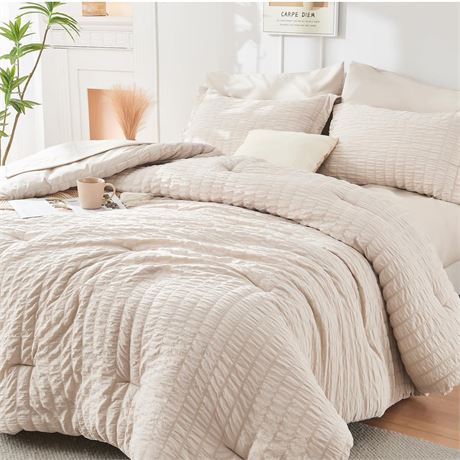 HYMOKEGE Beige King Size Comforter Set Seersucker 7 Pieces, All Season Luxury