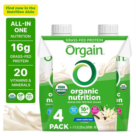 Orgain Organic Nutritional 16g Grass Fed Protein Shake Drink, Vanilla Bean
