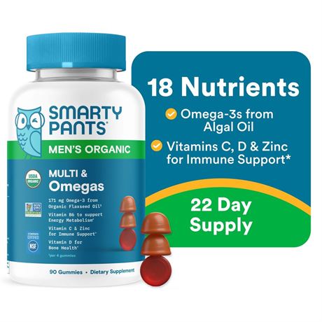 SmartyPants Organic Men's Multi & Vegetarian Omega 3 Gummy Vitamins with D3, C