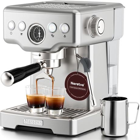 Neretva Espresso Machine 15 Bar, 2 in 1 Professional Coffee and Espresso Maker