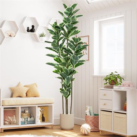 VIAGDO Artificial Rubber Tree Plant 7ft Tall Faux Rubber Plant with Pot Faux