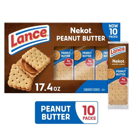 Lance Sandwich Cookies, Nekot Peanut Butter, 10 Individually Wrapped Packs, 6