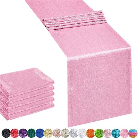 6PCS 12x72 Inch Sequin Table Runner Pink Glitter Table Runner for Party,