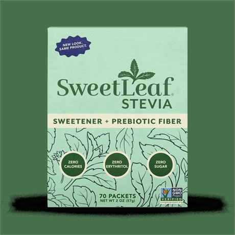 SweetLeaf Stevia Sweetener Packets with Prebiotic Fiber, 70 Count, Zero