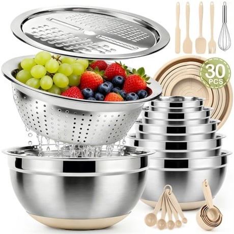 30 PCS Stainless Steel Mixing Bowls Set with Airtight Lids  Non-Slip Silicone