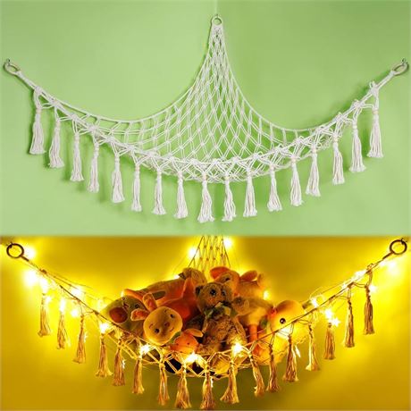 HAUTOCO Stuffed Animal Net or Hammock with LED Light and Hooks, Hammock Corner