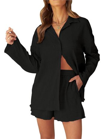 MEROKEETY Women's 2 Piece Outfits Long Sleeve Button Down Textured Shirt and