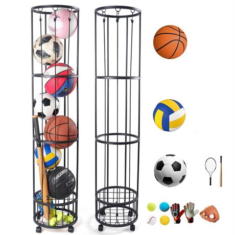 Upgrated Ball Storage Rack with Small Bottom Ball Holder, 3 Adjustable Elastic