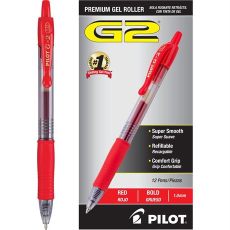 Pilot, G2 Premium Gel Roller Pens, Bold Point 1 mm, Pack of 12, Red Red Ink