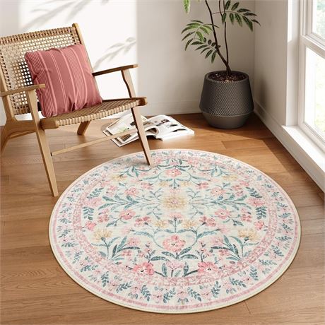 Moynesa 5'Round Boho Light Pink Rug, Washable Small Circle Rugs for Bedroom,