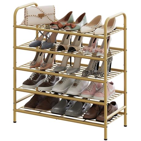 Huhote Metal 5 Shelf Gold Iron Mesh Freestanding Shoe Organizer Storage Shelf,