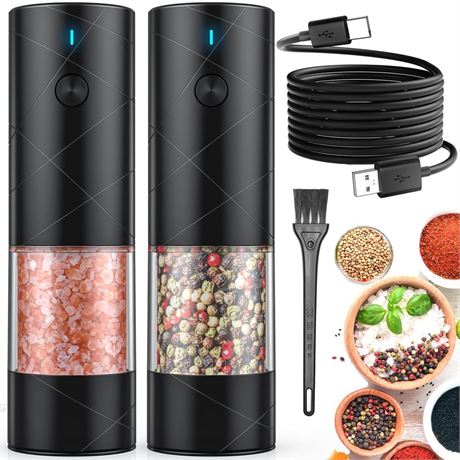 2Pack Electric Salt and Pepper Grinder Set USB Rechargeable with Warm LED