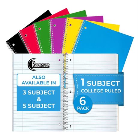 1 Subject Notebook College Ruled, 6 Pack, 70 Sheets (140 Pages), 8 x 10-1/2", 3
