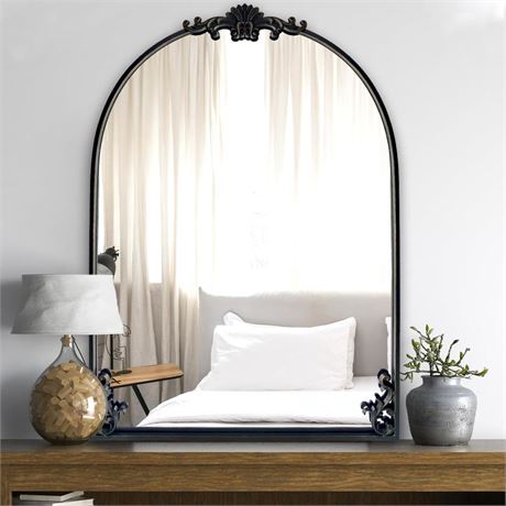 POZINO Black Traditional Arched Mirror, Baroque Inspired Wall Mirror, Ornate