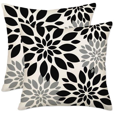 Black Grey Dahlia Pillow Covers 20x20 Inch Set of 2 Summer Geometric Floral