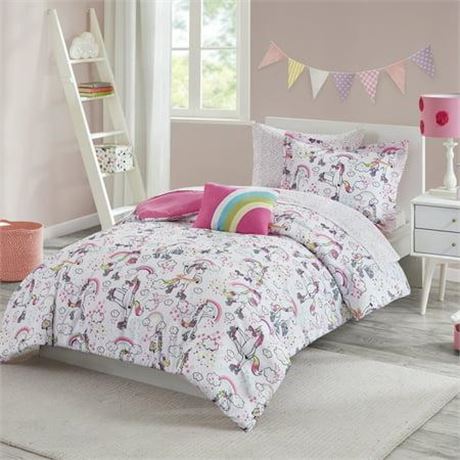 Your Zone Roller Skating Unicorns  8 Piece Bedding Set  White and Pink  Queen