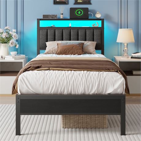 Satifur Twin LED Bed Frame with Smart RGB Lights, Headboard Charging Station,