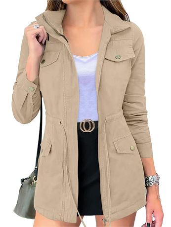 MEROKEETY Women's Long Sleeve Military Jacket Zip Up Utility Drawstring Waist