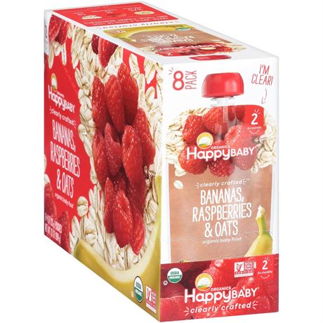 (8 Pouches) Happy Baby Organics Baby Food  Bananas  Raspberries & Oats  4 Oz