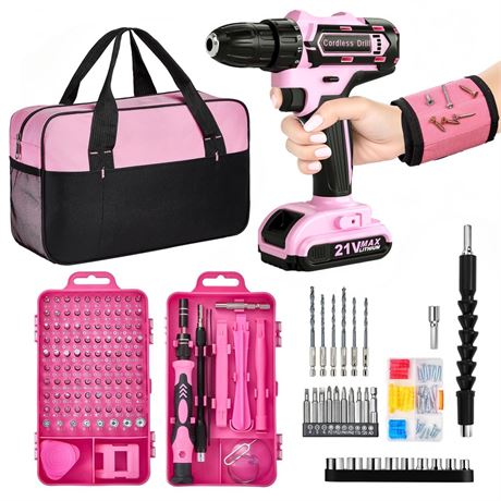 Pink Cordless Drill Set 202 Pcs, 21V Pink Power Drill Tool Set Kit with Storage