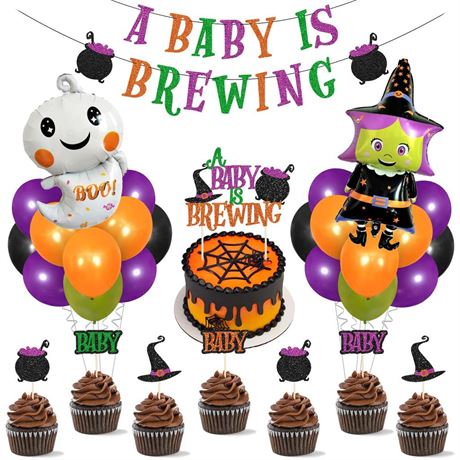 Halloween Decorations Kit Banner Cake Cupcake Toppers Witch Ghost Balloons for