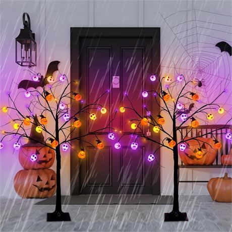 2 Pack 4 FT Spooky Black Halloween Tree with Timer, 48 LED Orange & Purple