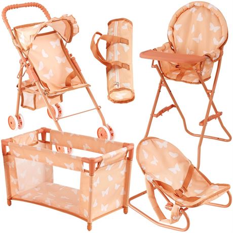 4-in-1 Baby Doll Stroller Set with Butterfly Design – Includes Toy Stroller,