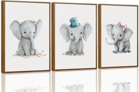 CHDITB Elephant Nursery Framed Canvas Wall Art Set, Watercolour Safari Animals