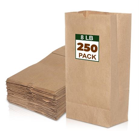 8 Lb Brown Paper Lunch Bags - 250 Pcs | Bulk Disposable Brown Bags - Lunch