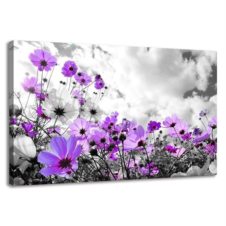 Canvas Wall A rt Modern Purple Flowers Canvas Art Wall Decor Black and White