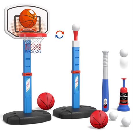 2 in 1 Kids Basketball Hoop and T Ball Set - Adjustable Height, Kids Baseball