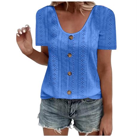 Breathable Eyelet Shirts for Women Casual Scoop Neck Short Sleeve Tops Summer