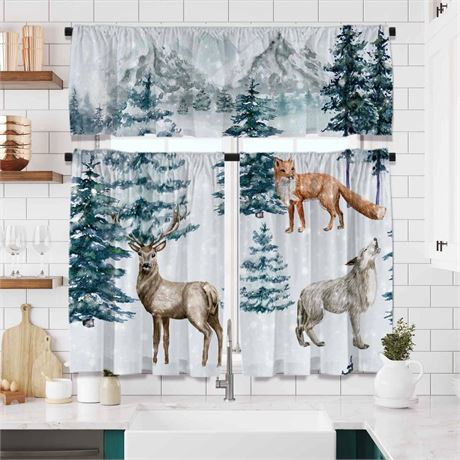 Watercolor Winter Christmas Landscape Window Curtains Set with Valance3pcs