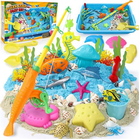 Cleboen Ocean Sensory Bin - 2lbs Magic Sand & Magnetic Fishing Toys, 30PCS Play